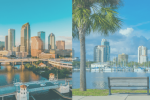 Skyline of Tampa and St. Petersburg, Florida.