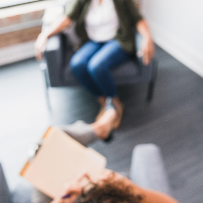 Photos of woman sitting in a seat across from a therapist.